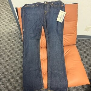 True Religion Dark Blue Flare Jeans with Contrast Stitching